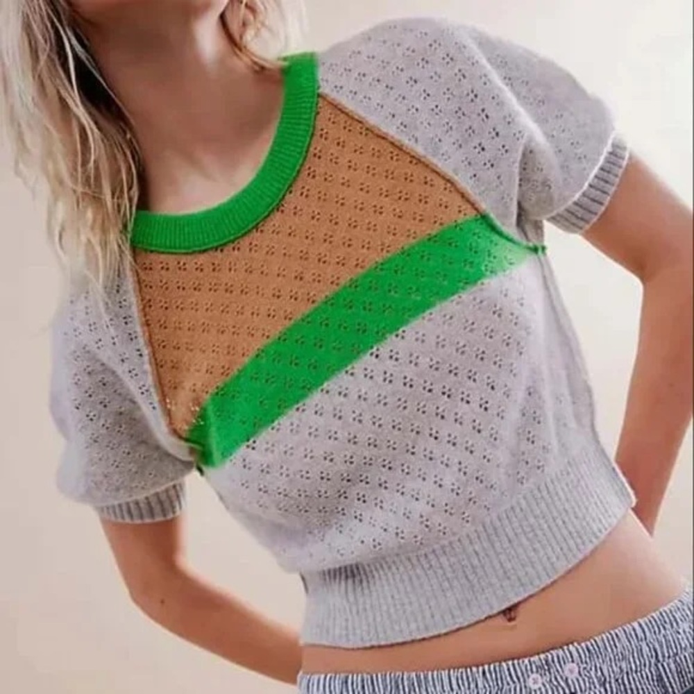 NWOT Free People Jade Cashmere Sweater in Green Combo Xsmall